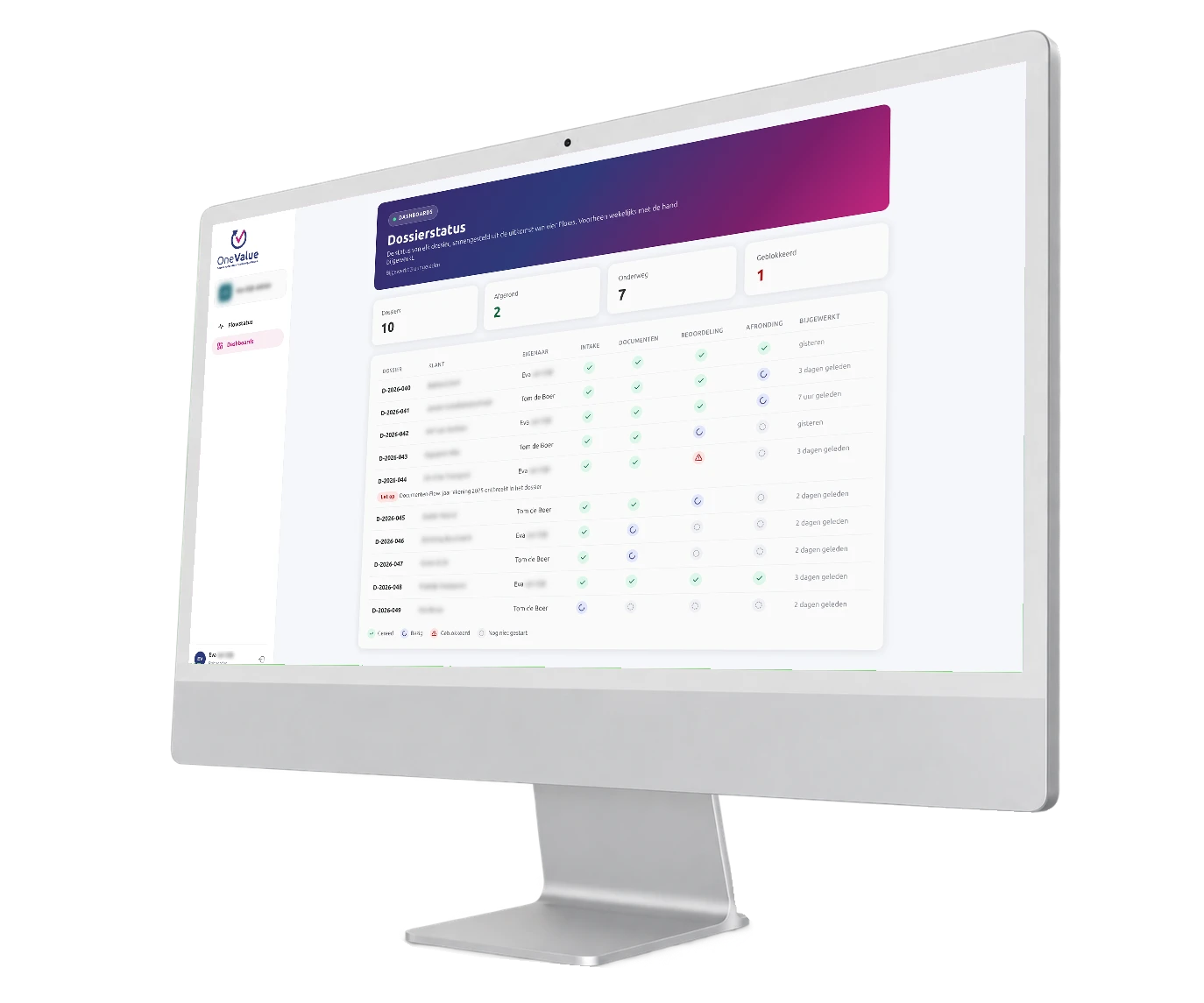 Dashboard in de Flow Portal met per dossier de voortgang over vier stappen.