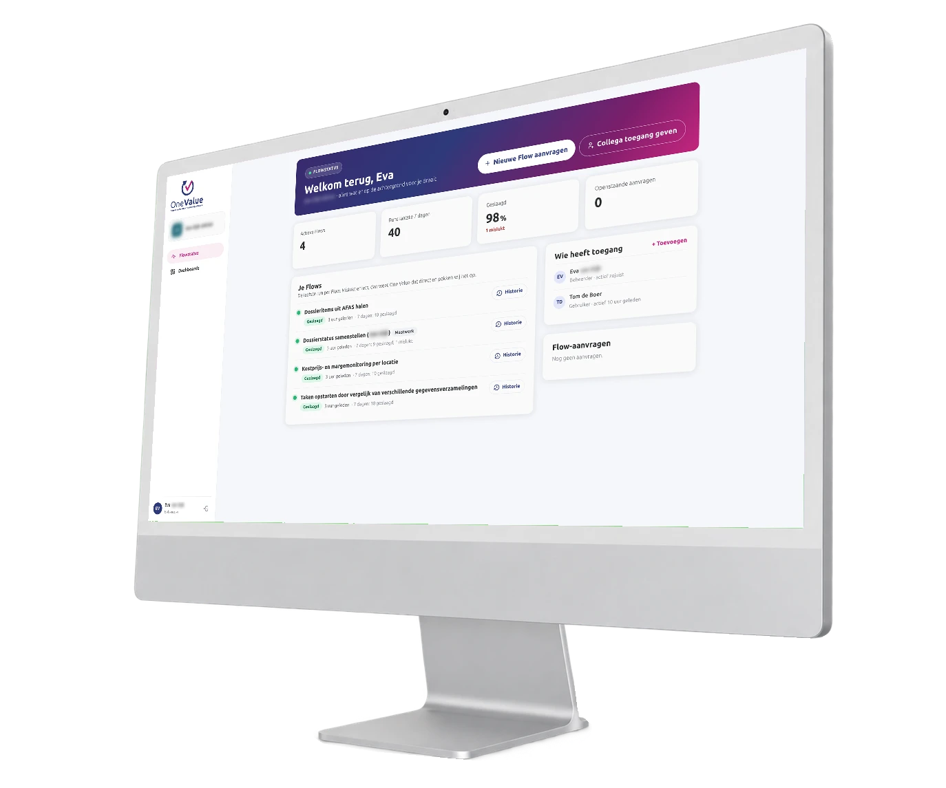 Flow Portal met vier actieve Flows en het aandeel geslaagde runs.