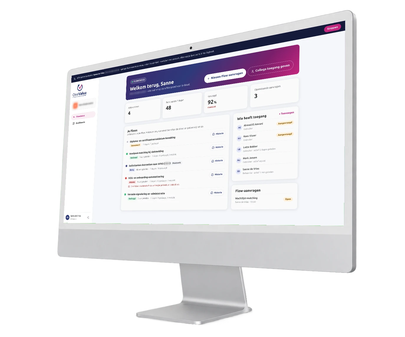 Flow Portal met de status van de actieve Flows terwijl One Value meekijkt met de klant.