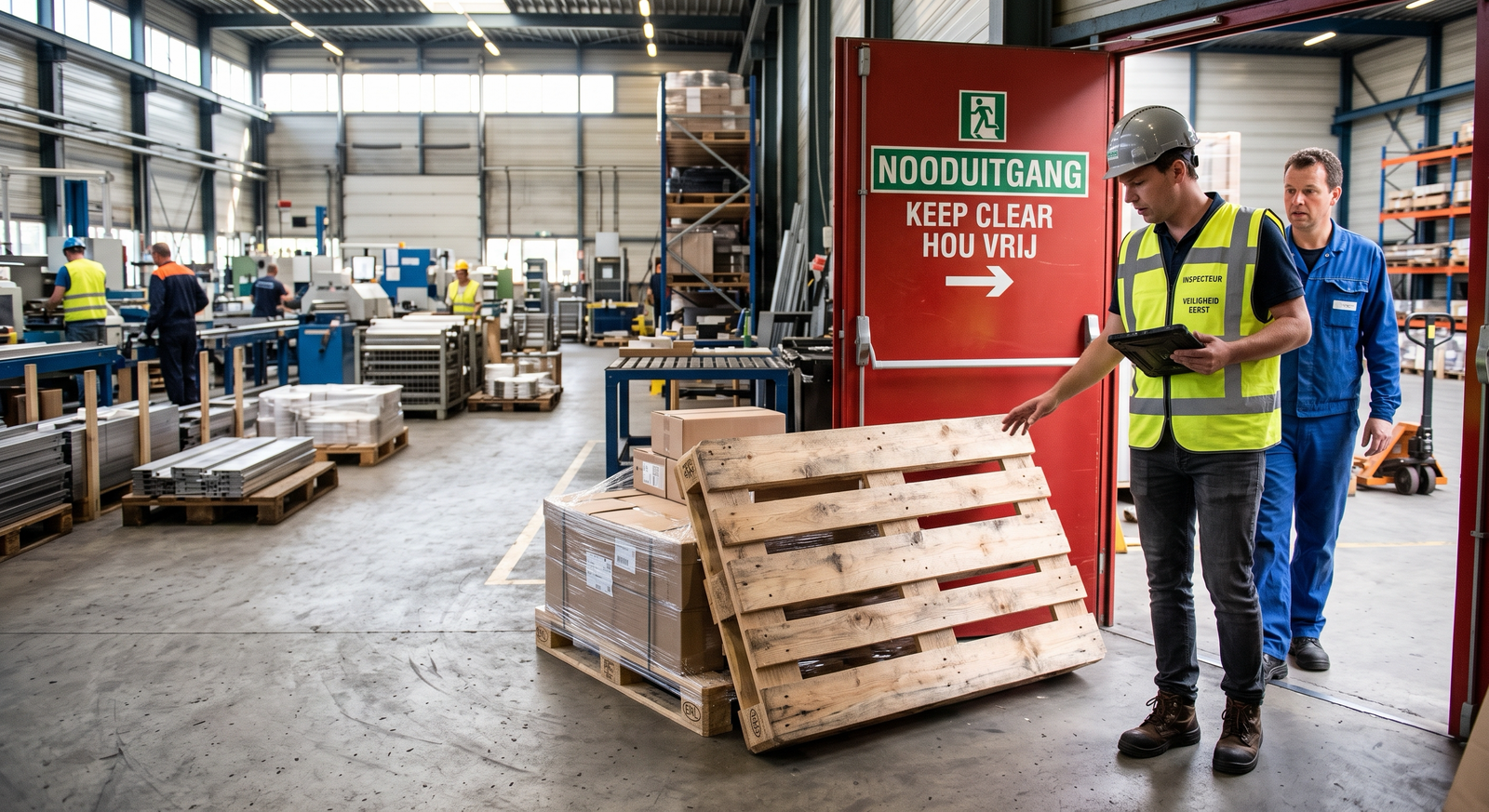 Kwaliteitsinspecteur met tablet signaleert tijdens een inspectieronde een pallet die de nooduitgang blokkeert
